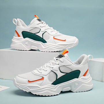 Men's Breathable Mesh Chunky Sneakers - White & Teal Casual Sneakers with EVA Sole, Lace-Up Design for All Seasons