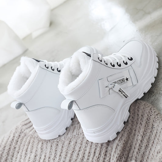 Women'S Winter High-Top Boots - Warm Fleece-Lined Ankle Boots with Thick Rubber Sole, Lace-Up Casual Style, White & Beige, Perfect for Cold Weather Comfort, Winter Boots
