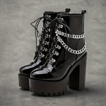 GDGYDH Women's Black Gothic Ankle Boots with Chain Accents - High Heel, Lace-Up, Cover Platform Boots for Party Wear, Round Toe, All-Season, Fashion Boots|Edgy Boot Design|Decorative Chain Detail, High Heel Boots
