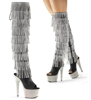 BEJEWELED-3019RSF-7 7" Open Toe, Heel Back Lace Up Boot 8 row Chrome Plated Rhinestone Fringe and Rhinestones Encrusted Entire Platform