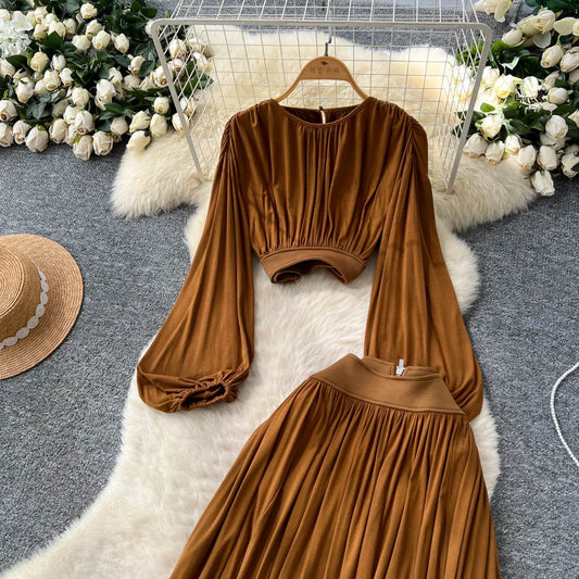 Elegant Two-Piece Suit Lantern Sleeve Blouse With High Waist Slit Skirt Set Casual 2pcs Ladies Dress