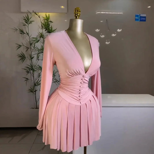 Manufactory Custom Style or Logo ODM Women's Bodycon Nightclub Streetwear Long Sleeve Elegant Pleated Sexy Mini Dresses