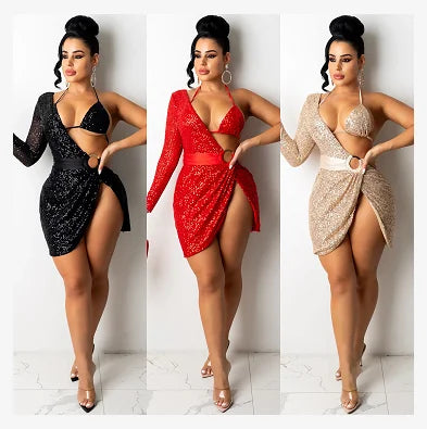 Women Clothes New Casual Dresses Sequined Irregular Dress Nightclub Skirt Solid Color Sexy Dresses