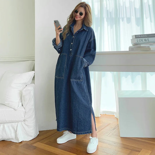 Boutique Wholesale Autumn New Fashion Lapel Retro Loose Casual Denim Long Sleeved Women's Dress