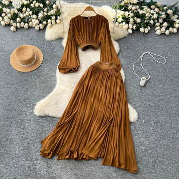 Elegant Two-Piece Suit Lantern Sleeve Blouse With High Waist Slit Skirt Set Casual 2pcs Ladies Dress