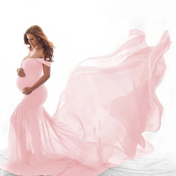 Brand New Off Shoulder Cotton Tops With Long Chiffon Train Maxi Maternity Photoshoot Dress DGPD-003
