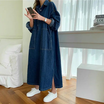 Boutique Wholesale Autumn New Fashion Lapel Retro Loose Casual Denim Long Sleeved Women's Dress