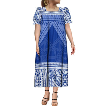Top Quality Custom Polynesian Tribal Printed Mumu Dress Micronesian Muumuu Trendy Square Neck Puff Sleeve Dresses