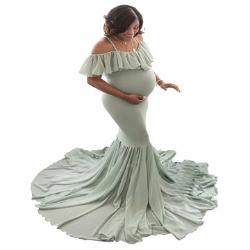 Floral Lace Dress Sleeveless Ruffle for Maternity Photography Fancy Pregnancy Gown for Baby Shower Photo Shoots