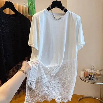 Women's Crew Neck Short Sleeve Contrast Lace Hem Asymmetrical Hem Casual Dress T-Shirt Breathable Quick Dry Spandex/Polyester
