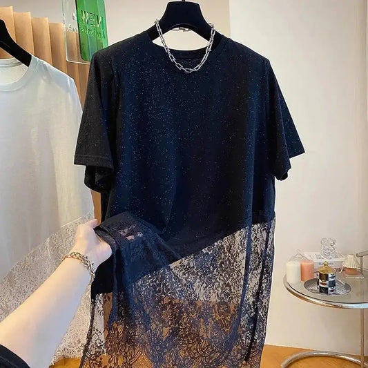 Women's Crew Neck Short Sleeve Contrast Lace Hem Asymmetrical Hem Casual Dress T-Shirt Breathable Quick Dry Spandex/Polyester