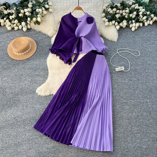 Elegant Temperament Commuting Style Strap Waist Cinched Pleated Two-piece Set for Women Sleeveless Autumn purple Design Dress