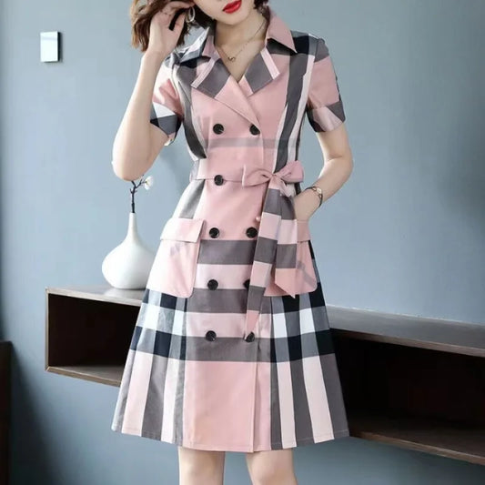 Wholesale Fashion Elegant A-Line Plaid Long Sleeve Dress Women Casual Cotton Plaid Print Belted Dress Women