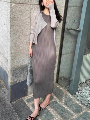 Miyake Women's Pleated dress Summer Long High-end Slimming Straight Sleeveless Vest Long Dress Slim-fit One-step Dress