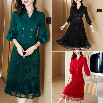 Miyake Pleated dress Spring New French Socialite Mesh Stitching Seven Sleeve Lace Pleated Midi Dress
