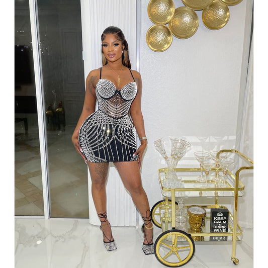 Fashion Women's Solid Color Mesh Hot Drilling Strap Skirt Dress