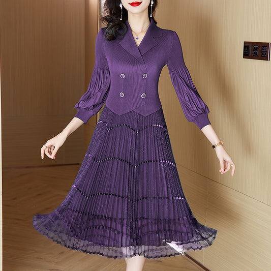 Miyake Pleated dress Spring New French Socialite Mesh Stitching Seven Sleeve Lace Pleated Midi Dress