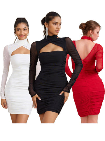 Pure Sexy White Mesh dress Spring/Summer Design Sense Long Sleeve V-Neck Waisted Slim-fit Skirt