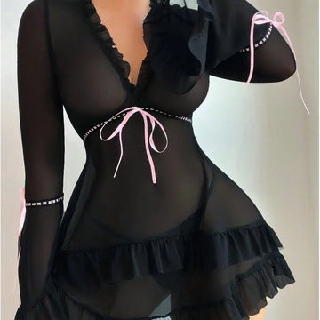 Sexy Mesh Deep V-neck Lingerie For Women Erotic Transparent Nightdress+G-strings Female Horn Sleeve Sex Solid Color Night Dress