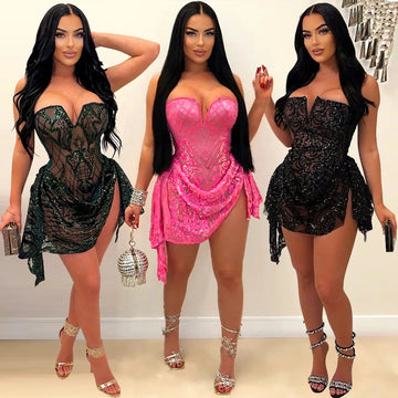 Sequin Ruffle Dress Lady Sexy Party Bodycon Evening Dresses Women Summer Clothes Elegant Luxury Birthday Club Mini Dresses