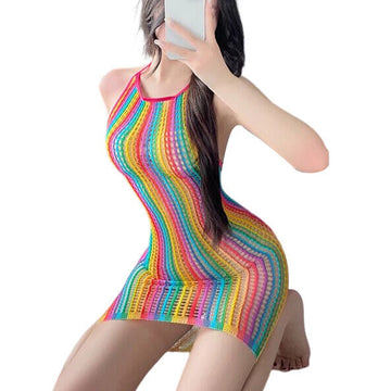 Sexy Lingerie for Women Fishnet Halter Chemise rainbow Hot Mesh Mini Dress Bodysuit through clothes Flirtation Erotic for couple