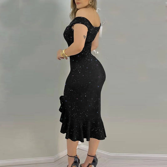 Women's Sexy party dresses Fashion Elegant dress  Off Shoulder Sequin Ruffle Irregular Dresses Masquerade Evening Dress vestidos