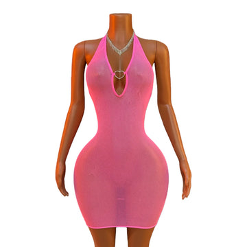 Pink Mesh Halter Neck Open Back V-Neck Hip Crotchless Sexy Sleepwear See-Through Lingerie Daring Teddy Doll Nightdress