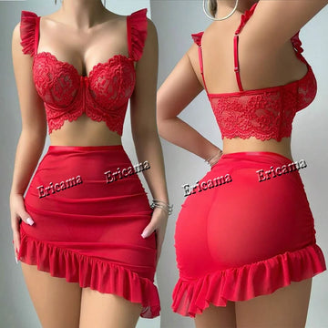 Sexy Lingerie Set For Women Mesh Babedoll Dress With Underwire Push Up Bra Lace Erotic Underwear Sleepwear Maternity Lingerie
