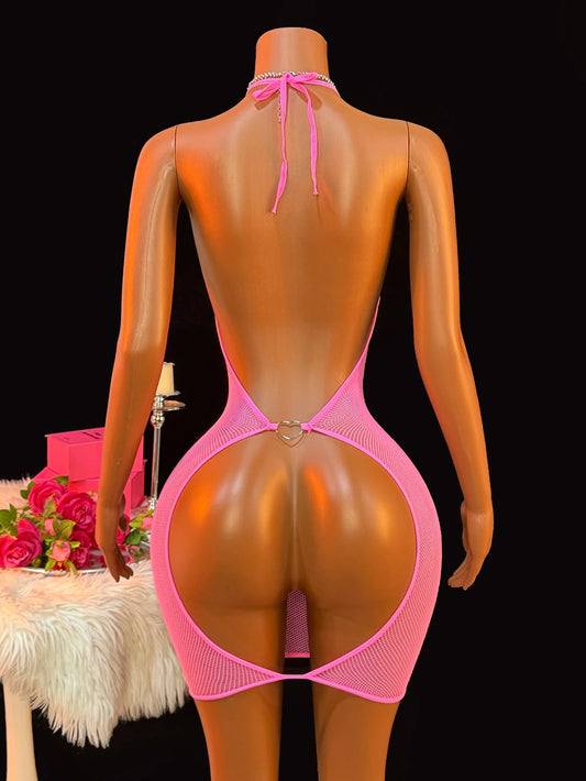 Pink Mesh Halter Neck Open Back V-Neck Hip Crotchless Sexy Sleepwear See-Through Lingerie Daring Teddy Doll Nightdress