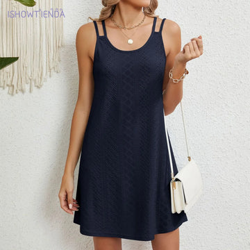 Summer Dresses For Women Solid Color Round Neck Sleeveless Fishnet Hollow Out Beach Sundresses For Female Vacation Dresses
