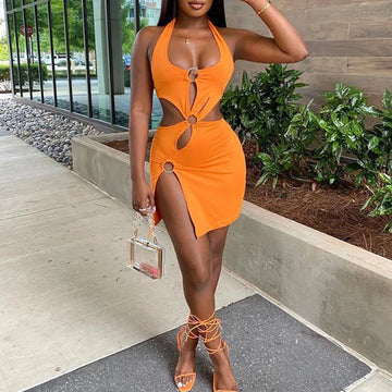 Summer Dresses Woman High Street Stretch Slim Hollow Sexy Mini Bodycon Dress Elegant Orange Sleeveless Club Party Sundress