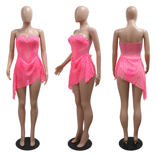 Sequin Ruffle Dress Lady Sexy Party Bodycon Evening Dresses Women Summer Clothes Elegant Luxury Birthday Club Mini Dresses