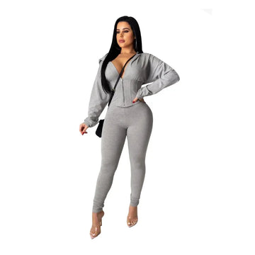 2024 European and American Women's Zippered Hooded Cardigan Pants Fashion Sports Set