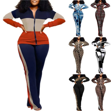 2023 Women Print Zipper Stand Collar Sheath Tops Two Piece Sets Full Sleeve Casual Long Straight Pants Set Autumn Winter