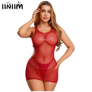 Womens Lingerie Sheer Mesh Mini Dress with Thong Open Back Showing Butt Sleeveless Transparent Bodycon Dress Alluring Nightgown