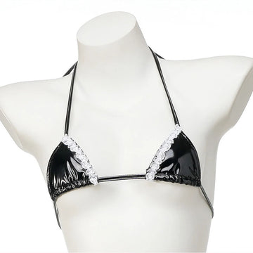 Cute lolita Bikini Sets Black Maid Bathing Suits Leather Bra With Lace Underwear Low Waist Swimsuit