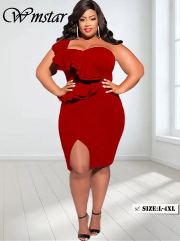 Sexy Single Shoulder Plus Size Evening Dresses for Women  Solid Color Chic Ruffles Midi Split Dress Wholesale Dropshipping