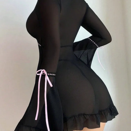 Sexy Mesh Deep V-neck Lingerie For Women Erotic Transparent Nightdress+G-strings Female Horn Sleeve Sex Solid Color Night Dress