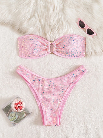 Sexy Bandeau Bikini Women Shiny Sequin Front Ring Push Up Micro Swimsuit Summer Pink Bathing Suit Thong Swimwear Biquini