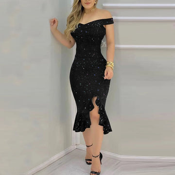 Women's Sexy party dresses Fashion Elegant dress  Off Shoulder Sequin Ruffle Irregular Dresses Masquerade Evening Dress vestidos