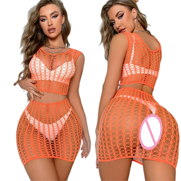 Summer Women Fishnet Lingerie Set High Elastic Tops and Split Skirt Streetwear Y2K Party Clothes Female Sexy Two 2 Piece Suit