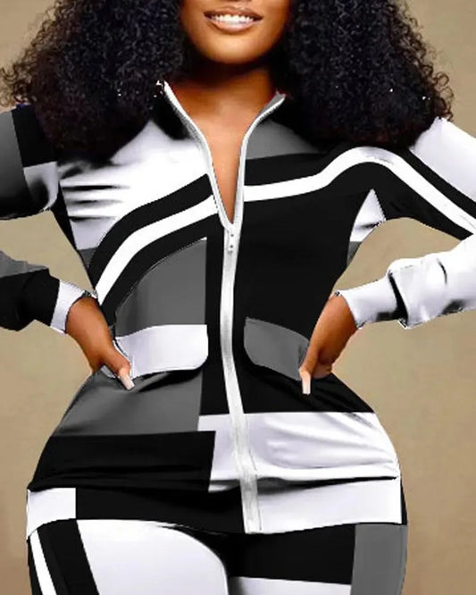 2023 Women Print Zipper Stand Collar Sheath Tops Two Piece Sets Full Sleeve Casual Long Straight Pants Set Autumn Winter