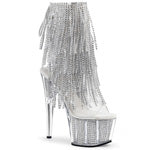 ADORE-1017SRS 7" Heel Size: 5-14 7" (17.8cm) Stiletto Heel, 2 3/4" (7cm) Platform Lace-Up Back Ankle Boot Featuring 4-Layer Fringe & Chrome Plated, Simulated Rhinestone Filled Platform