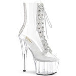 ADORE-1021C-2 7" Heel Size: 5-11 7" (178mm) Heel, 2 3/4" (70mm) Platform Peep Toe Lace-Up Front Ankle Boot w/Rhinestone Embellishment Along Front Panels & Back