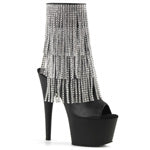 ADORE-1024RSF 7" Heel Size: 5-10 7" (17.8cm) Stiletto Heel, 2 3/4" (7cm) Platform Open Toe/Stiletto Heel Fringe Ankle Boot Featuring 3-Layer Chrome Plated, Simulated Rhinestone Fringe, Inner Side Zip Closure
