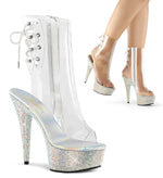 BEJEWELED-1018DM-6 6" Heel Size: 5-11 6" (15.2cm) Heel, 1 3/4" (4.5cm) Platform Open Toe/Heel Back Lace-Up Ankle Boot Featuring Rhinestones Encrusted on the Entire Platform, Inner Side Zip Closure