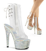 BEJEWELED-1018DM-7 7" Heel Size: 5-11 7" (17.8cm) Heel, 2 3/4" (7cm) Platform Open Toe/Heel Back Lace-Up Ankle Boot Featuring Rhinestones Encrusted on the Entire Platform, Inner Side Zip Closure