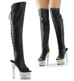 BEJEWELED-3019DM-7 7" Heel Size: 5-12 7" (17.8cm) Heel, 2 3/4" (7cm) Platform Open Toe/Heel Lace-Up Back Over-The-Knee Boot Featuring Silver Multi Rhinestones Covering Entire Platform, Full Length Inner Side Zip Closure,