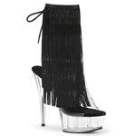 DELIGHT-1017TF Clr-Blk/Clr, 6" Heel, 1 3/4" PF Item # (SKU): DEL1017TF/C-B/C Size: 5-11 6" (15.2cm) Stiletto Heel, 1 3/4" (4.5cm) Platform Open Toe/Heel Back Lace-Up Ankle Boot Featuring 4-Layer Threaded Fringe Color: Clr-Blk/Clr