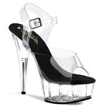 DELIGHT-608 Clr-Blk/Clr, 6" Heel, 1 3/4" PF Item # (SKU): DEL608/C-B/C Size: 5-14 6" (15.2cm) Stiletto Heel, 1 3/4" (4.5cm) Platform Ankle Strap Peep Toe Slide
